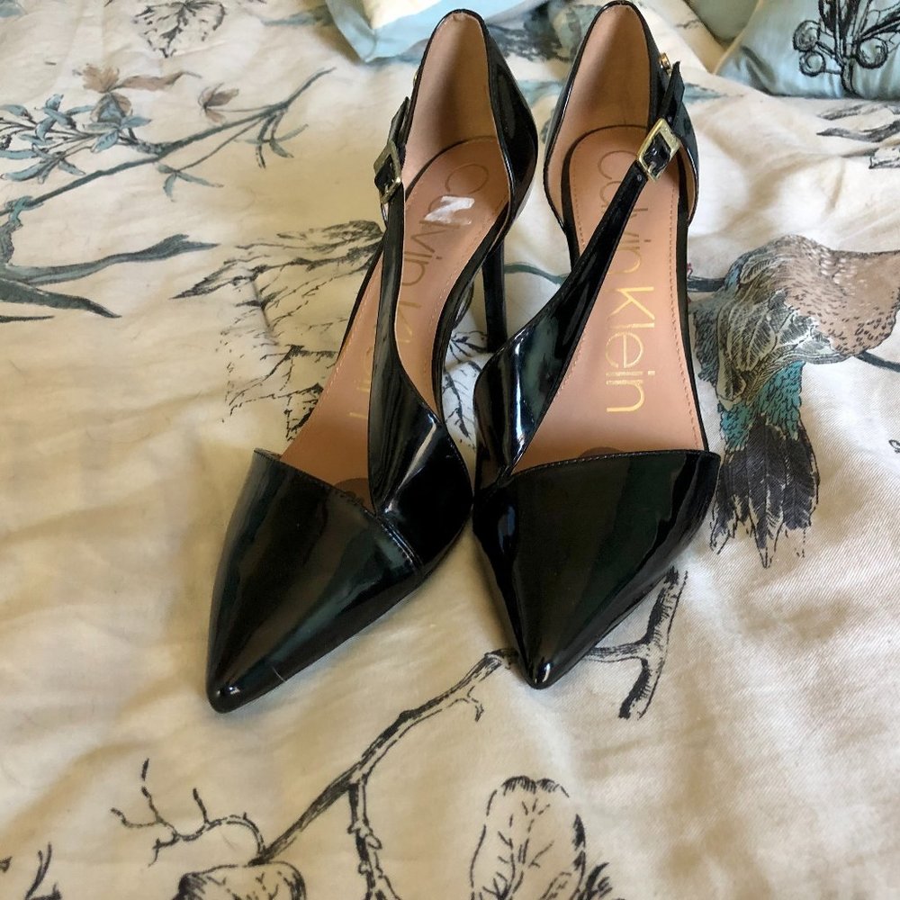Calvin Klein shiny black strappy stiletto heels